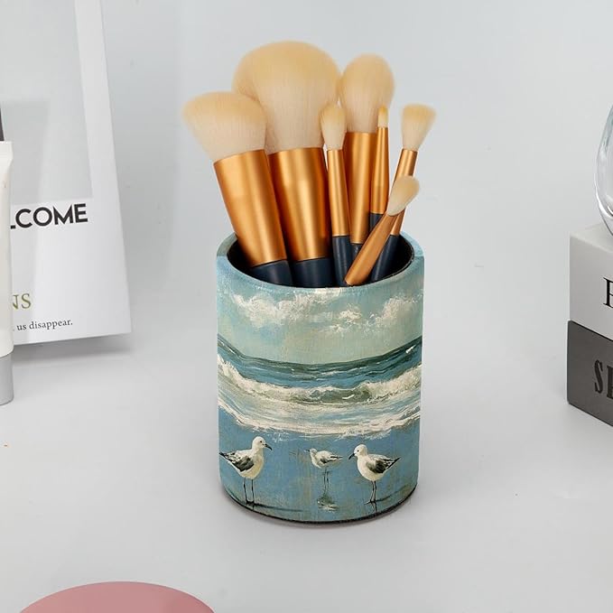 Round Creative Pen Holder |Beach Birds East Coast Ocean (2) Desktop Storage Organizer|Gadget Stationery Storage Box|Office Leather Organizer