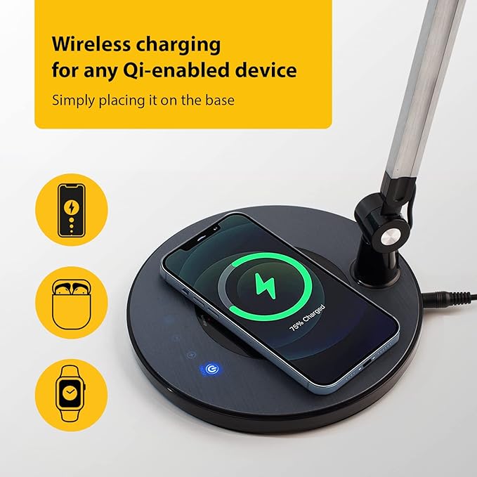 OTUS Desk Lamps for Home Office with Wireless Charger | 3 Color & 12 Brightness Levels | Tall Architect LED Desk Lamp Adjustable Swing Arm | Eye Care Light for Reading, Study, Drafting, Video Calls