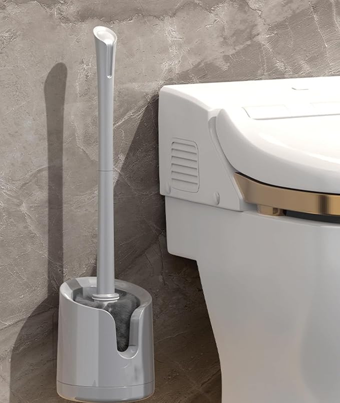 Wall Mounted Toilet Brush Set with No-Drill Adhesive & Drip-Free Tray Space-Saving Toilet Cleaning Brush Holder Deep CleansNoMessStorageSlides Under Sinks (Gray)