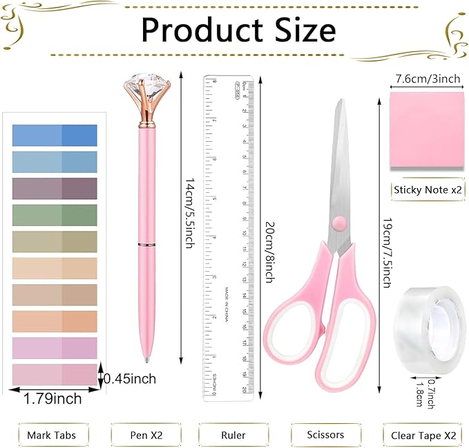 Office Supplies,Desk Accessories, Stapler and Tape Dispenser Set for Women with Stapler, Tape Dispenser, Staple Remover, Staples, Clips, Scissor and Tabs,Gift for Students, Coworkers