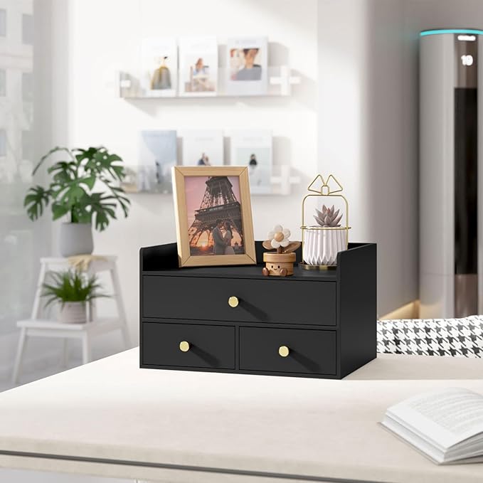 Bamboo Desk Organizer with Drawers Wooden Desktop Storage Organization Box for Bills Office Supplies Kitchen Utensils Organizing Tool for Home Classroom Vanity, No Assembly Required (3 Drawers, Black)