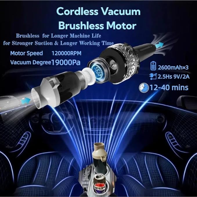 Babluble Portable Cordless Car Vacuum Cleaner Suction Power 19000Pa with Brushless Motor, Handheld Mini Vacuum Cleaner with Multiple Attachments, 3 Suction Modes,Rechargeable (Black)