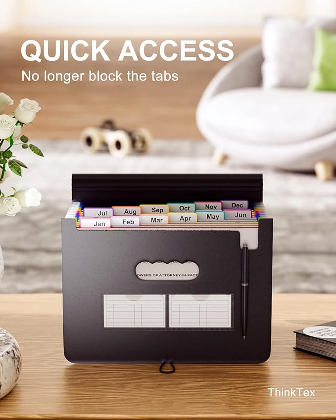 ThinkTex Expanding File Folder 12 Pockets Accordion File Organizer/Portable Expandable Plastic Filing Box, Accordion Bill/Paper/Document/Receipt Organizer Folders with Colored Tabs(A4/Letter Size)