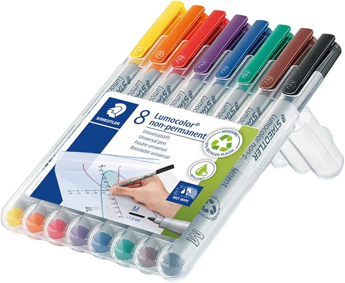 STAEDTLER Lumograph Non-Permanent Wet Erase Marker Pens, Medium Tip Refillable Colored Markers, 8 Pack, 315 WP8