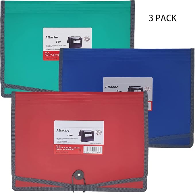Premium Quality Plastic Expanding File Folder Document Organizer, 3.5" Expansion, A4 Letter Size for Home School Office Organization, 3 Pack (RED/Blue/Green)