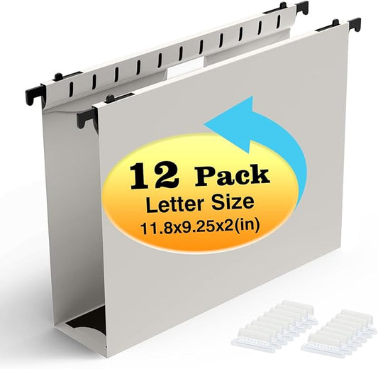 Extra Capacity Plastic Hanging File Folders,12 Pack Reinforced Hang Folders,Heavy Duty 2 Inch Expansion,Plastic Filing Cabinet Folders,Letter Size,Designed for Bulk Files, Medical Charts,Grey