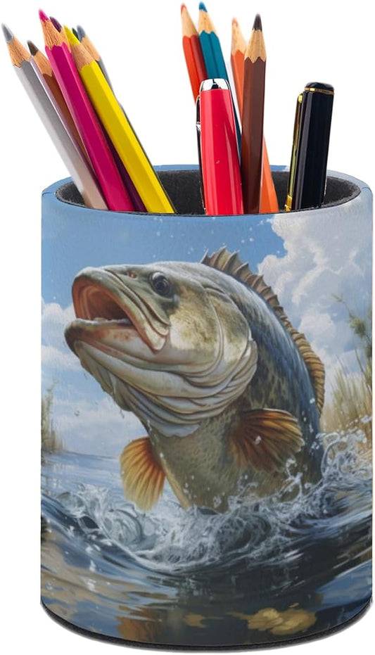 Bass Fish Pen Holder Pencil Organizer Cute Pencil Cup Desk Decor Makeup Brush Holder PU Multifunctional Office Suppliesfor Home Classroom School