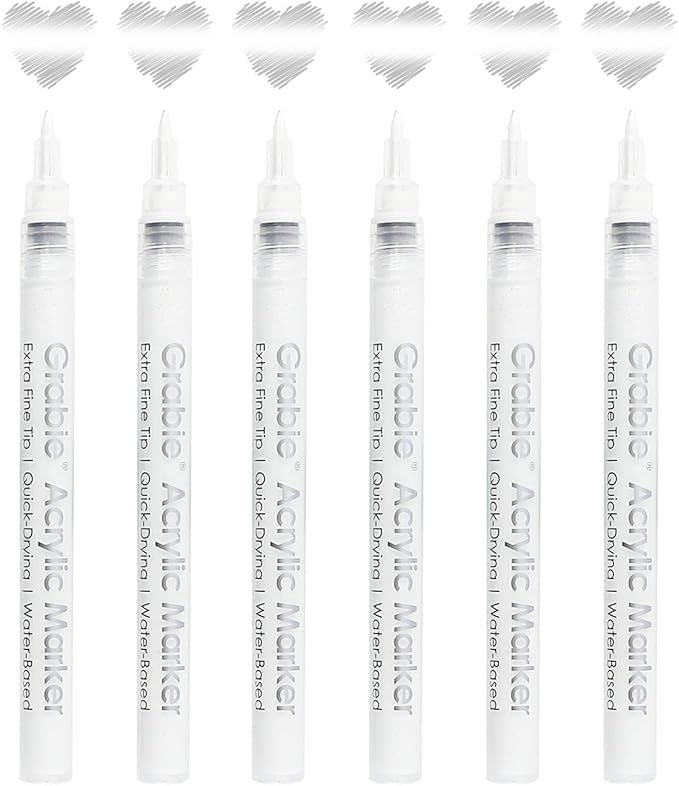 Grabie 6 White Extra Fine Tip Acrylic Paint Marker Set, 6 Pack, 0.7mm Acrylic Paint Pens for Highlights, Highlight Markers (6 White Acrylic Markers)