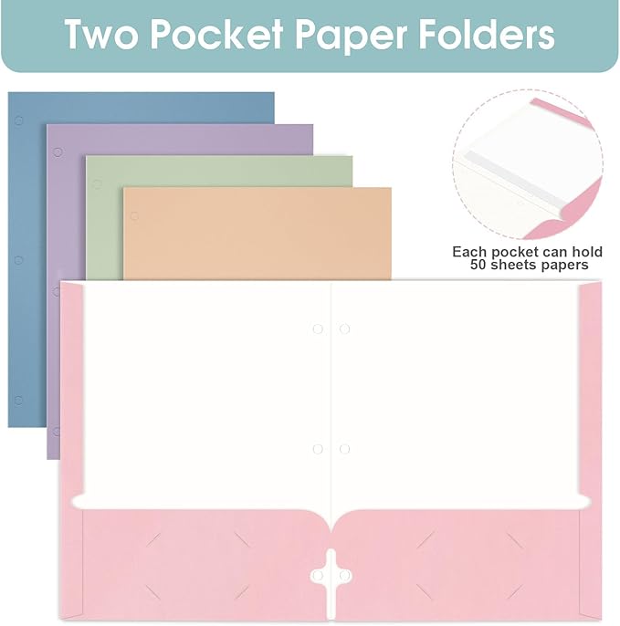 Folders with Pockets, 2 Pocket Folders Bulk (120 Pack, Assorted Colors), Paper Folders with Pockets 3 Hole Punched with Business Card Slot, Letter Size, File Folders for School Office Home