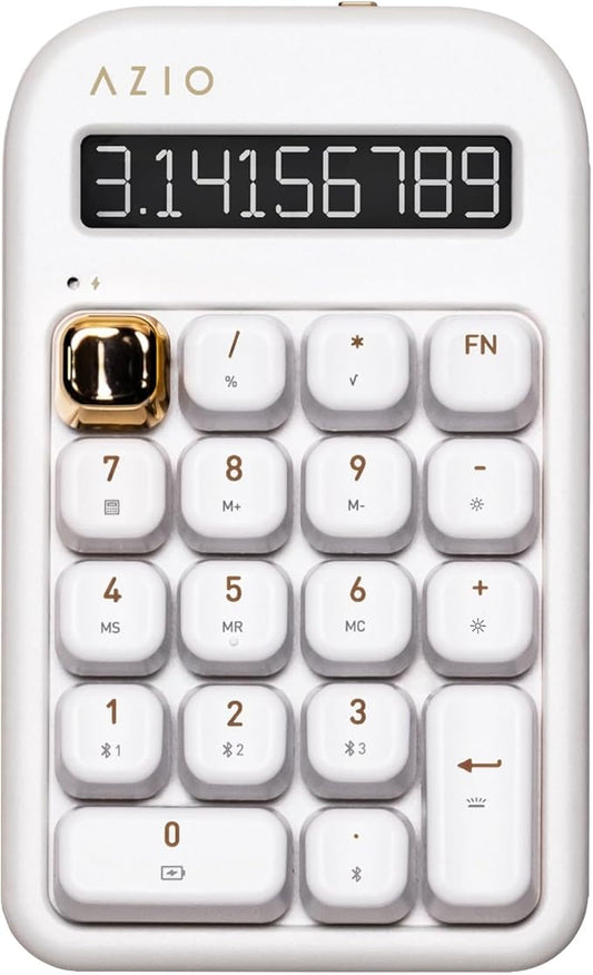 AZIO IZO Wireless Mechanical Calculator & Number Pad (White/Gold) - Bluetooth 5.0 & USB, Gateron-Blue Mechanical Switch, 9 Backlight Modes, Rechargeable, PC & Mac Compatible, White Blossom (IN103)