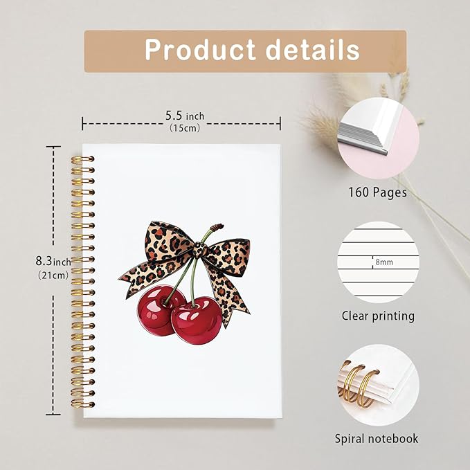 Leopard Bow Cherry Notebook Journal, Trendy Coquette Aesthetic School Supplies for Girls, Preppy Spiral Planner for Girls & Women, Cute College Ruled Notebook Gift, 5.5x8.3 Inch