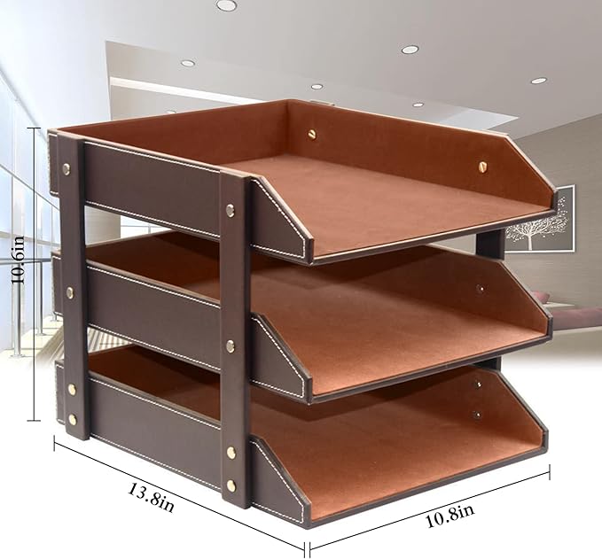 Very Sturdy 3 Tier Leather Desk File Rack for Office Supplies/Stationery/Folder,Stackable Letter Tray Organizer,Document Filing Organizer Holder for Desktop Storage (Brown)…