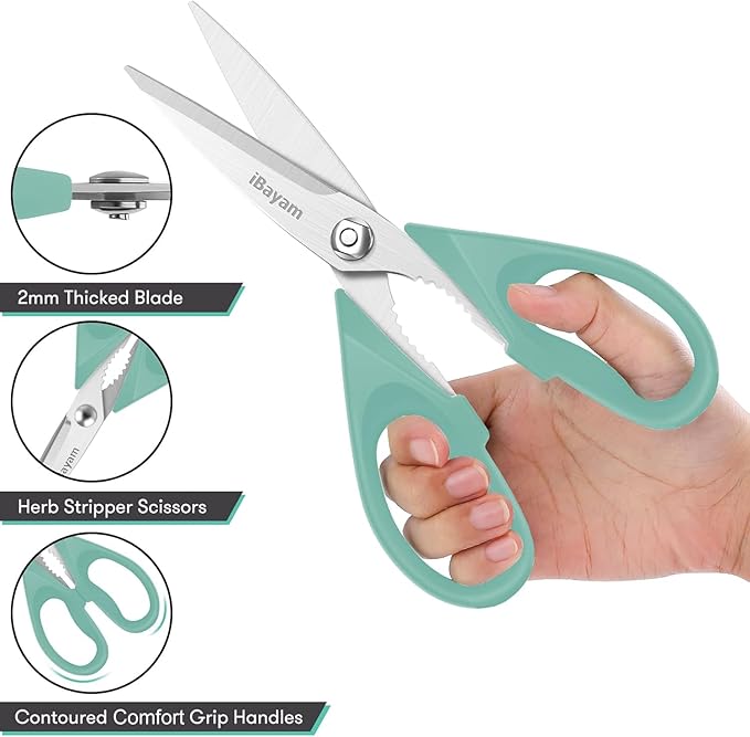 Kitchen Shears, iBayam Kitchen Scissors Heavy Duty Meat Scissors Poultry Shears, Dishwasher Safe Food Cooking Scissor All Purpose Stainless Steel Utility Scissor, 2-Pack (Aqua Sky)