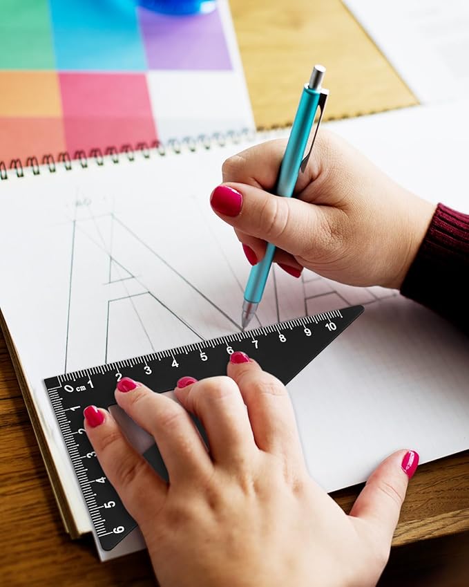 Honagu Triangular Ruler Set, 4 Pieces Aluminum Alloy Ruler, Metal Drafting Ruler, Geometric Protractor for Students, Draftsmen, Engineers, School Office Supplies (Black)