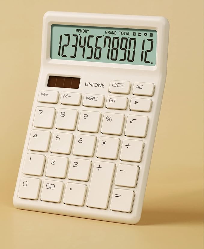 UNIONE Desktop Beige Calculator with a Bright LCD, Dual Power Handheld Desktop. Color. Business, Office, High School, 4×6 inch