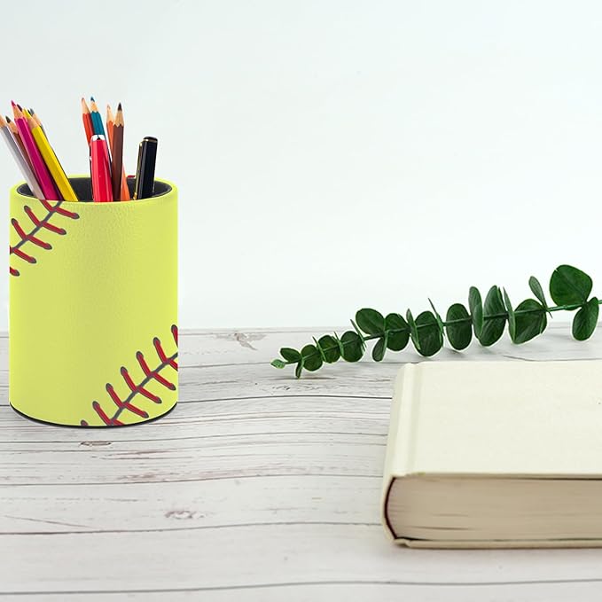 Softball Pen Holder Pencil Organizer Cute Pencil Cup Desk Decor Makeup Brush Holder PU Multifunctional Office Suppliesfor Home Classroom School