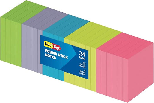 Redi-Tag Sticky Notes, Power Stick Notes, Adhesive Reminders, 3" x 3" Reusable Notes, Strong Adhesive Memos, Assorted Bright Colors, 192 Pack (1000978)