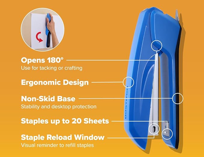 Bostitch Office Ascend 3 in 1 Stapler Value Pack, 20 Sheet Capacity, Includes 5000 Staples, Integrated Remover & and Extra Staple Remover, Staple Storage Compartment, Assorted Colors (Colors May Vary)