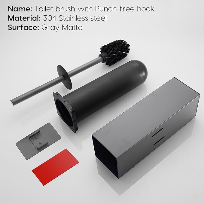 Brushed Gold Stainless Steel Toilet Brush, Square No-Punch Hook Base Toilet Brush Holder Removable Inner Bucket and Splash Proof Cover - Soft Bristles (Non-Drill Square Plastic caps Gray)