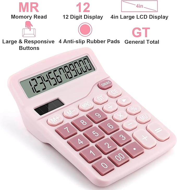 Office Desk Calculator, Cute Calculator for Kids, Basic Calculators Desktop, Dual Power Simple Financial Calculator with Big Button Large Display for Office Home and School (Pink)