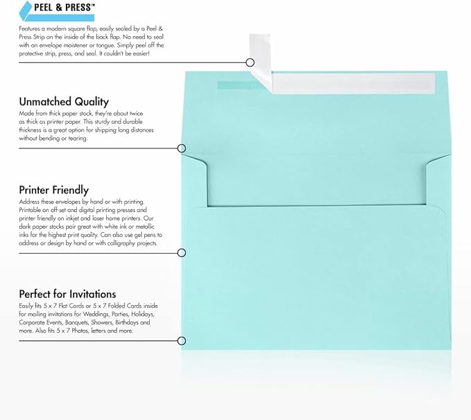LUXPaper A7 Invitation Envelopes | Peel & Press | 5 1/4" x 7 1/4" | Seafoam Blue | 80lb. Text | 500 Qty