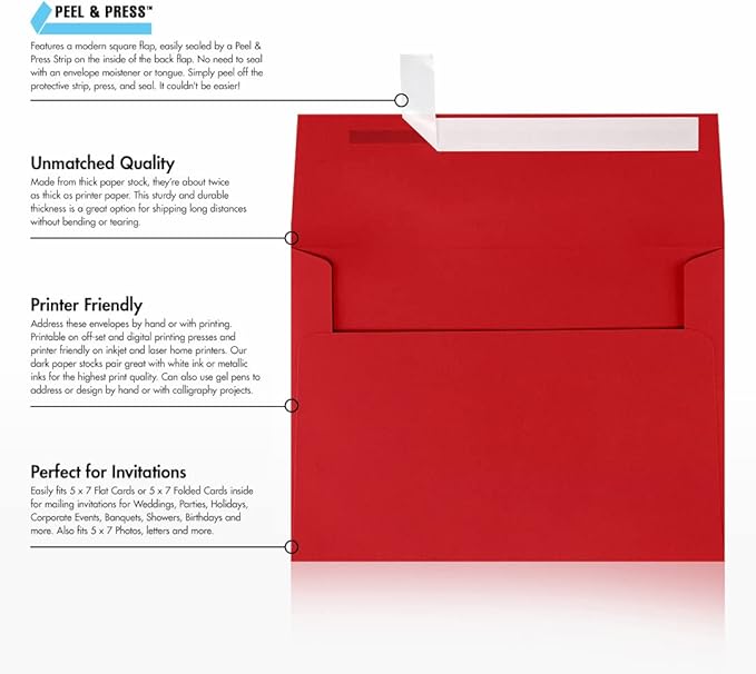 LUXPaper A7 Invitation Envelopes | Peel & Press | 5 1/4" x 7 1/4" | Ruby Red | 80lb. Text | 50 Qty