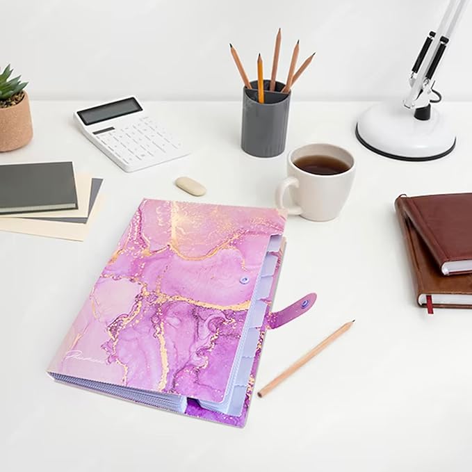 Expanding File Folder, Folders for Important Documents Organizer, Accordion File Organizer, Aesthetic Folders for School Students, 8 Pockets File Folder for Home Bills (Purple Gold Marble)