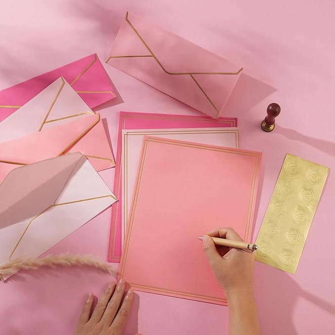 50 Pack 5 Colors Stationery Set with Gold Border, #10 Business Envelopes and 8.5x11 Paper Sheets and Stickers for Writing Letters (Pink)