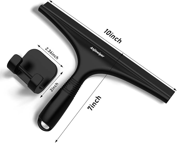 Anjinwiper All-Purpose Shower Squeegee for Glass Doors with Hook, Silicone Squeegee for Shower Glass, Shower Doors, Windows, Bathroom, Mirrors and Tiles（10 inch, Black）