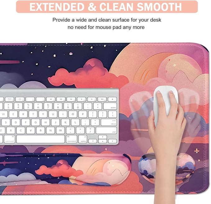Large Mouse Pad Set, Cute Extended Mouse Pad+Keyboard Wrist Rest Support Desk Pad Memory Foam Ergonomic Easy Typing, 35.4×15.7 in Desk Mat Set for Home Office Study Game - Cloud