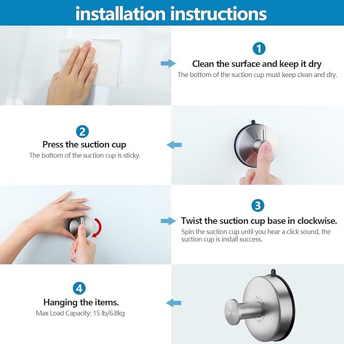 DGYB Suction Cup Hooks for Shower Brushed Nickel Bathroom Hooks Suction Set of 2 Removable Wall Hook for Hanging Towels, Robe, Loofah, Coats