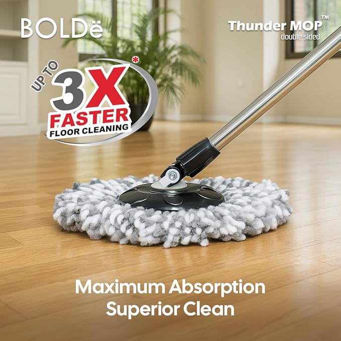 BOLDë Thunder Mop Spin System - Double-Sided - 2 Compact Stackable 6L Buckets, Microfiber Head, Stainless Steel Wringer, Antifungal Quick-Dry Cleaning, Soap Dispenser, 3 Free Refills (Yellow/Blue)