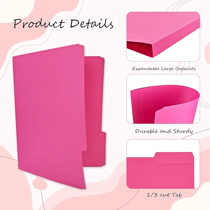 12Pcs Pink File Folders Letter Size Colored Manilla File Folders with 1/3-cut Tabs Decorative File Pockets for Office School Business Home Organizer(12, Pink Series)