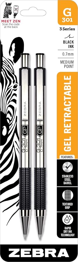 Zebra Pen G-301 Retractable Gel Pen, 0.7mm Medium Point, Stainless Steel Barrel, Ideal for Office Supplies, School Supplies & Teacher Supplies, Black Ink, 2-Pack (41312)