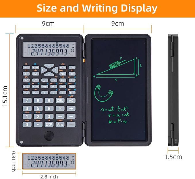 Scientific Calculator with Writing Pad, 240 Computing Functions, Foldable Case, HD Screen, Anti-Deletion Lock & One-Click Clear, Perfect for School, Finance & Engineering (Black)