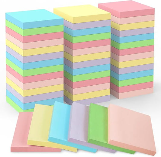 Sticky Notes 3x3 Small Self-Stick Pads, 48 Pads in 6 Pastel Colors, Cute Sticky Notes, Adhesive Memo Pads for Office, Home, School, Meetings, 100 Sheets/Pad