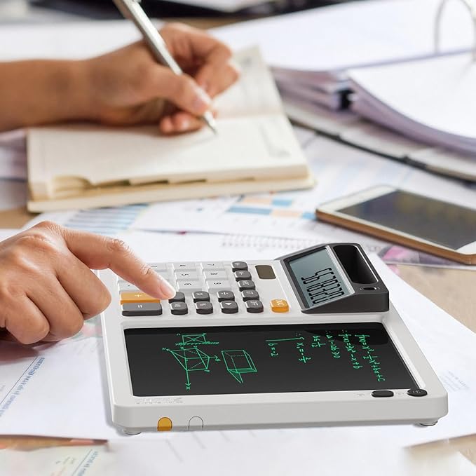 Solar Calculator with 7.5 inc LCD Writing Membrane, 15° Tilt for Easy Reading, Integrated Phone Stand, Voice & Silent Modes, Anti-Slip Pads for Stability, Ideal for Office & Study Use (White)