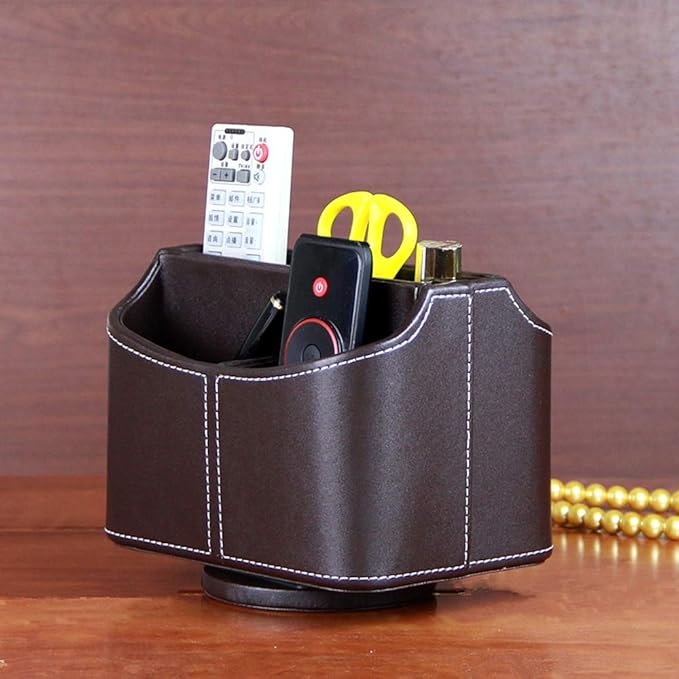 PU Leather Remote Control Holder 360 Degree Spinning Desk Organizer Storage Box for Remote Caddy,TV Guide, Mail, Electronics, Pen,Stationery and Media Storage (Brown)