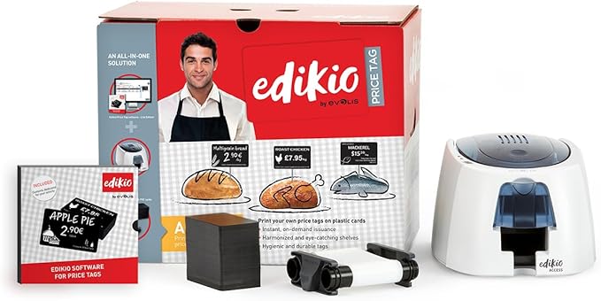 Price Tag Access - Card Printing Pack - Durable, Easy-to-Clean, Customizable Price Tag - Fast Monochrome One-Sided Printing - Includes Printer, Design Software, Black Cards and White Ribbon