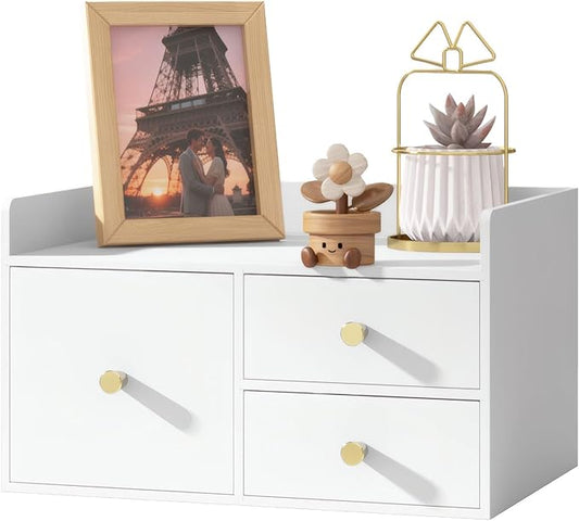 Bamboo Desk Organizer with Drawers Wooden Desktop Storage Organization Box for Bills Office Supplies Kitchen Utensils Organizing Tool for Home Classroom Vanity, No Assembly Required (3 Drawer, White)