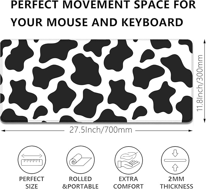Cow Print Desktop Mouse Pad,Desk Mouse Mat with Non-Slip Stitched Edges,Desk Pad Mouse Pad for Laptop PC,Keyboard Mouse Mat Desk Pad for Home Work Office(27.5X11.8 in)