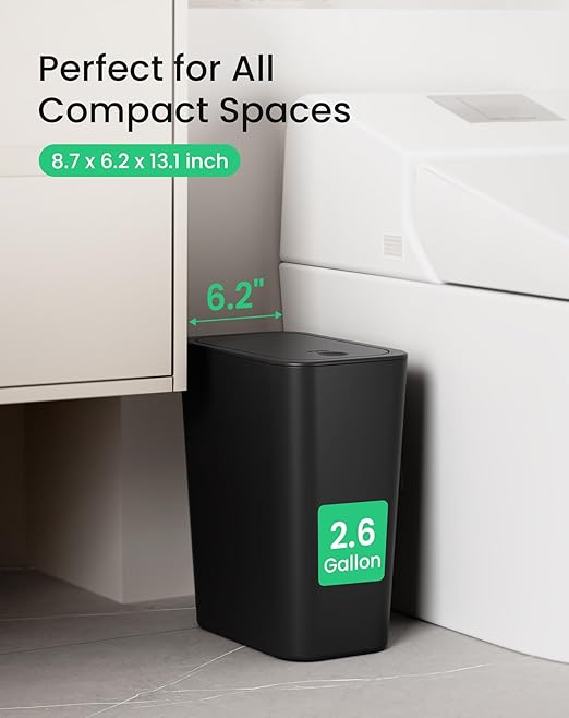 Cesun Bathroom Trash Can with Lid, 3 Pack 2.6 Gallon Small Black Garbage Can, Press Top Lid Trash Bin, Dog Proof Trash Cans Plastic Waste Basket for Bedroom Toilet Office