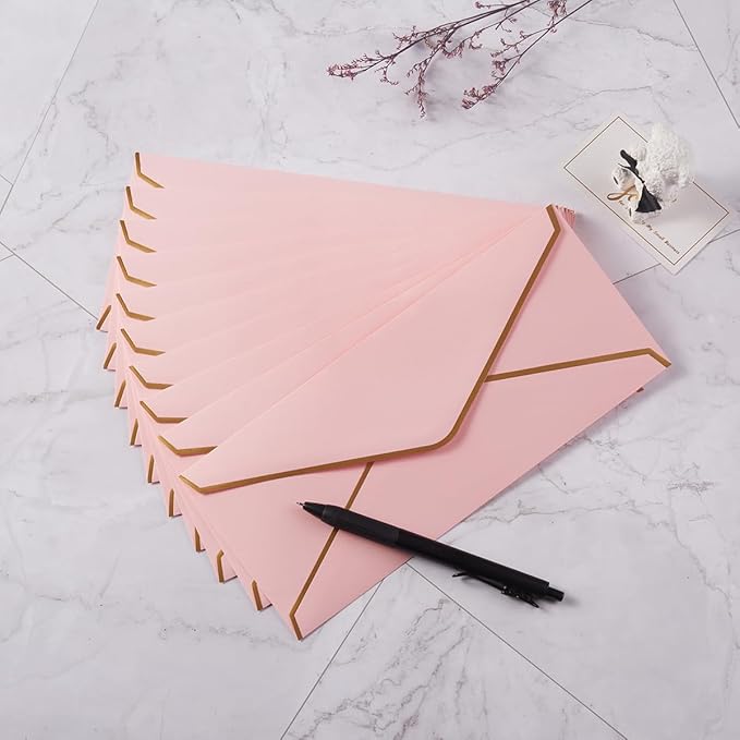 100 Pack #10 Business Envelopes with Gold Border, Self Seal Standard Envelopes with Gold Stickers for Office, Checks, Letter Mailing, Invoices, 4 1/8 x 9 1/2 Inches (Pink)
