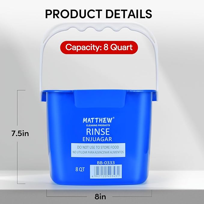 Matthew Detergent&Sanitizing Cleaning Bucket 8 Quart Plastic Pail,Set of 12 Square Containers,Built-in Spout w/Handle,Wash Rinse Sanitize Handwash Bucket for Home Office Commercial Restaurant (Blue)
