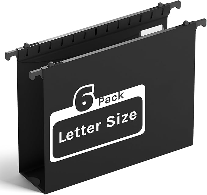 Ansook Plastic Hanging File Folders Letter Size,6 Pack Reinforced Expanding Extra Capacity Hang Folder,Heavy Duty 2”Expansion,Filing Cabinet Folders,Insertable Tabs,for Office, School & Home,Black