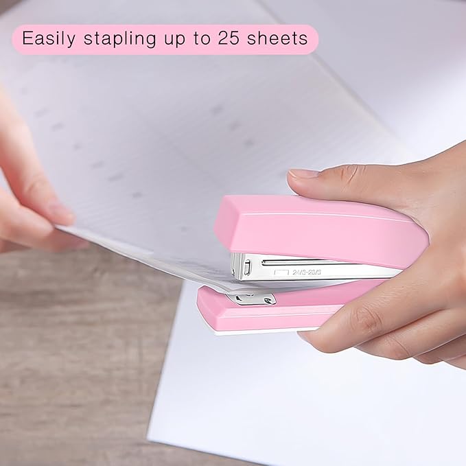 Stapler 25 Sheet Capacity with 1000 Staples and Staple Remover - Staplers for Desk, Non-Slip Office Stapler with Staples for Office, Pink
