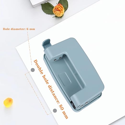 2 Hole Punch 1/4" with Ruler Paper, Blue Two Hole Punch, 2 Holes Puncher for File Folder, Metal Manual Low Force Looseleaf Double Punch Capacity 10 Sheet for A4/A5/B5 for Office and Home