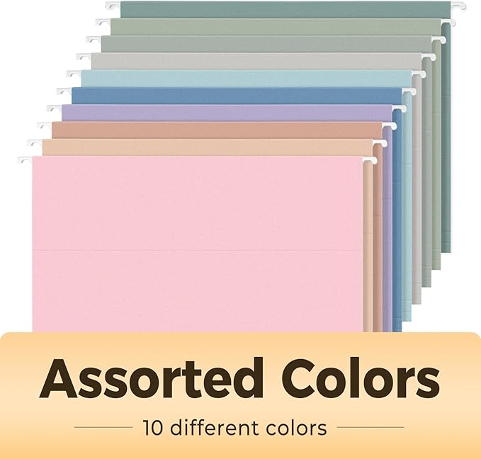 SUNEE Hanging File Folders, 50 Pack Letter Size Hanging File Folders with 1/5-cut Tabs, Stay Organized for Your Home and Office Bulk File, Documents and Paper, 10 Pastel Colors