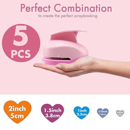 MyArTool Heart Paper Punch Set, 3/8 Inch, 5/8 Inch, 1 Inch, 1.5 Inch, 2 Inch, 5 Different Size Heart Hole Punch for Scrapbooking, Card Making, DIY Photo Albums, Gift Tags, Homemade Confetti