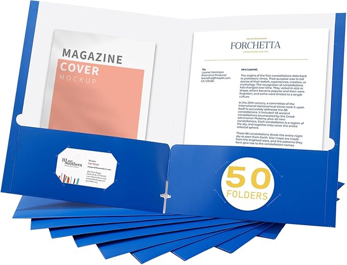 Zzrywuty File Folders with Pockets Letter Size, 50-Pack Paper Folders with Card Slot, Two Pocket Folders for School Students, Businessmen, Home and Office Workers（Blue）